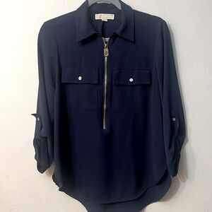 Michael Kors blue blouse long sleeve front pockets size M